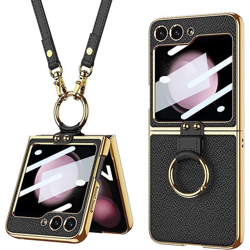 Противоударный кожаный чехол GKK with ring and strap для Samsung Galaxy Z Flip5 Black - фото 1