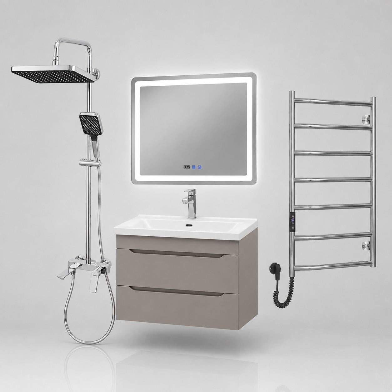 Комплект для ванной комнаты Sanwest Fokus 80 6в1/Adamant 80/душевая система Venta/смеситель Venta/LED-зеркало/полотенцесушитель электрический
