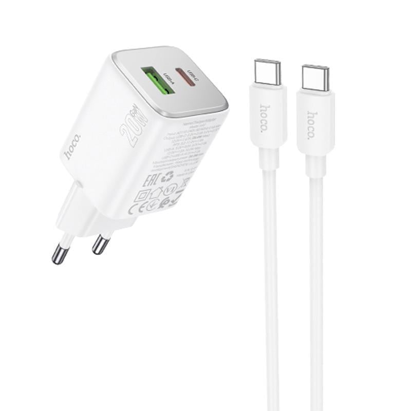 Зарядний пристрій мережевий Hoco N41 Almighty PD20W/QC3.0 1USB-A/1C з кабелем Type-C to Type-C White (00000071095_1)
