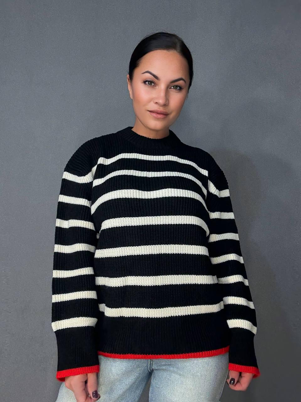 Свитер женский MIX RAY 6635 полоска удлиненный свободный крой OS Черный (1041) Свитер женский MIX RAY 6635 полоска удлиненный свободный крой OS Черный (1041)