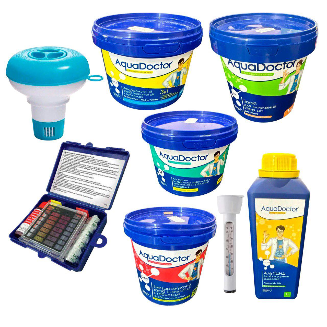 Набор стартовых средств по уходу за бассейном AquaDoctor Super Kit Combo термометр/дозатор/тестер 8в1 (7825)