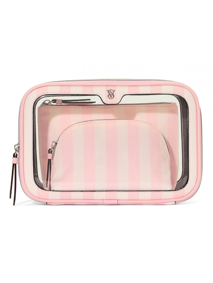 Набір косметичок Victoria's Secret 3-Piece Makeup Bag 3в1 Рожевий у смужку (23181876)