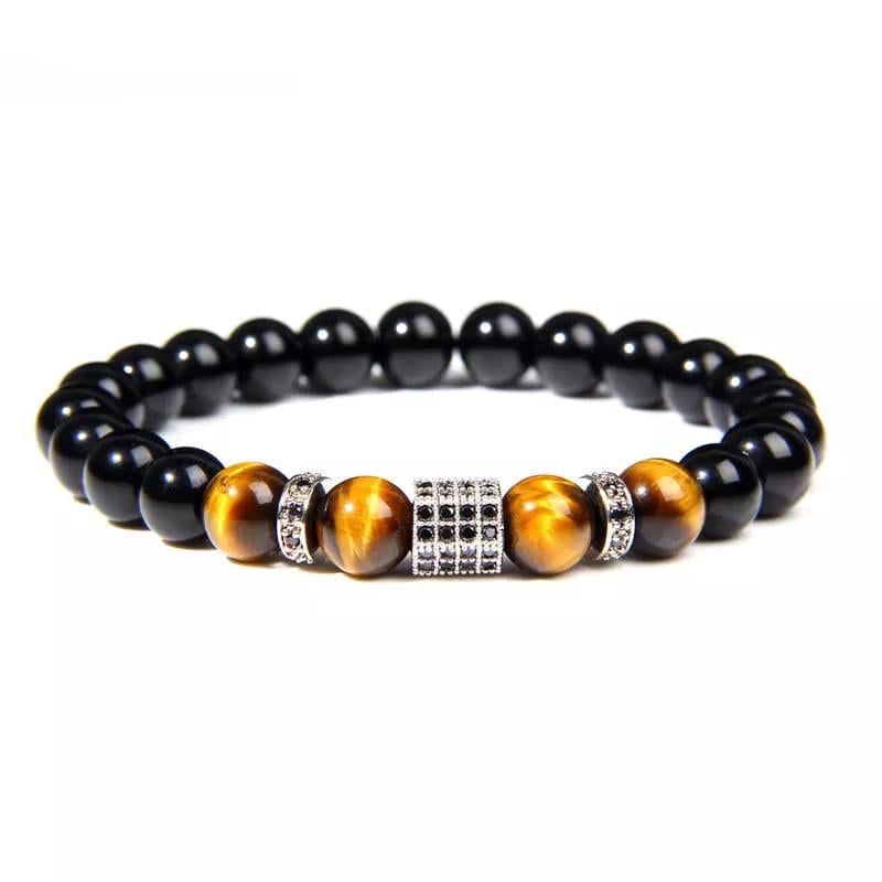 Браслет із агату та тигрового ока з багатогранником та дисками р. 16 (90065)