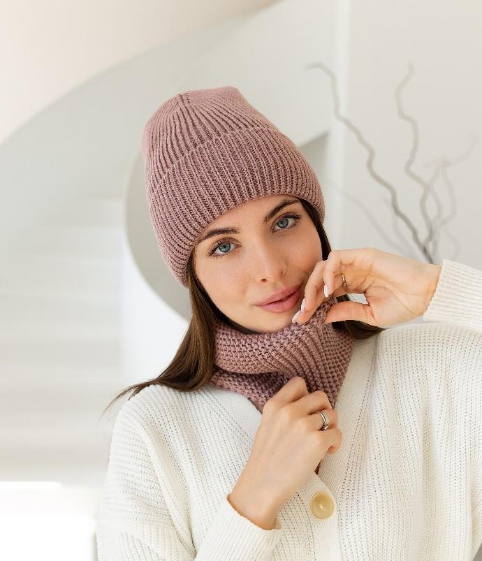 Шапка и хомут женские вязаные 2 из шерсти с отворотом Розовый (2760145534)