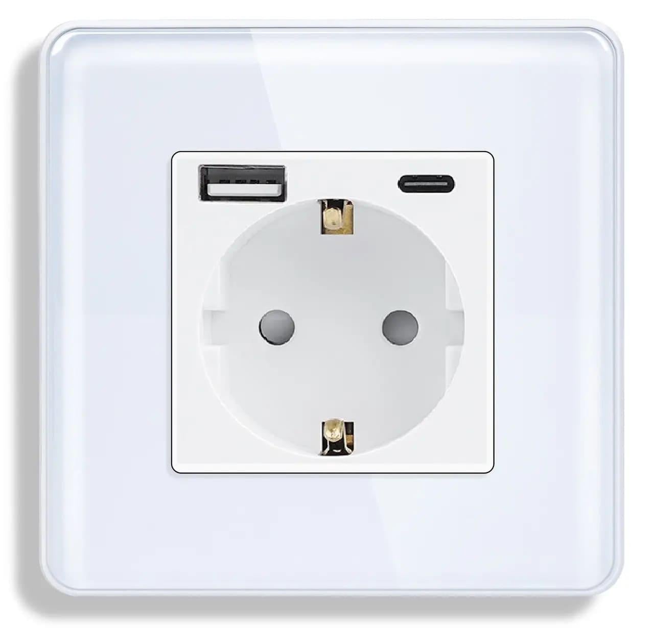 Розетка настенная ELIOS с USB A+C 20Вт с заземлением сенсорная/ 250В 16А стеклянная рамка Белый (TW-GAC-WT)