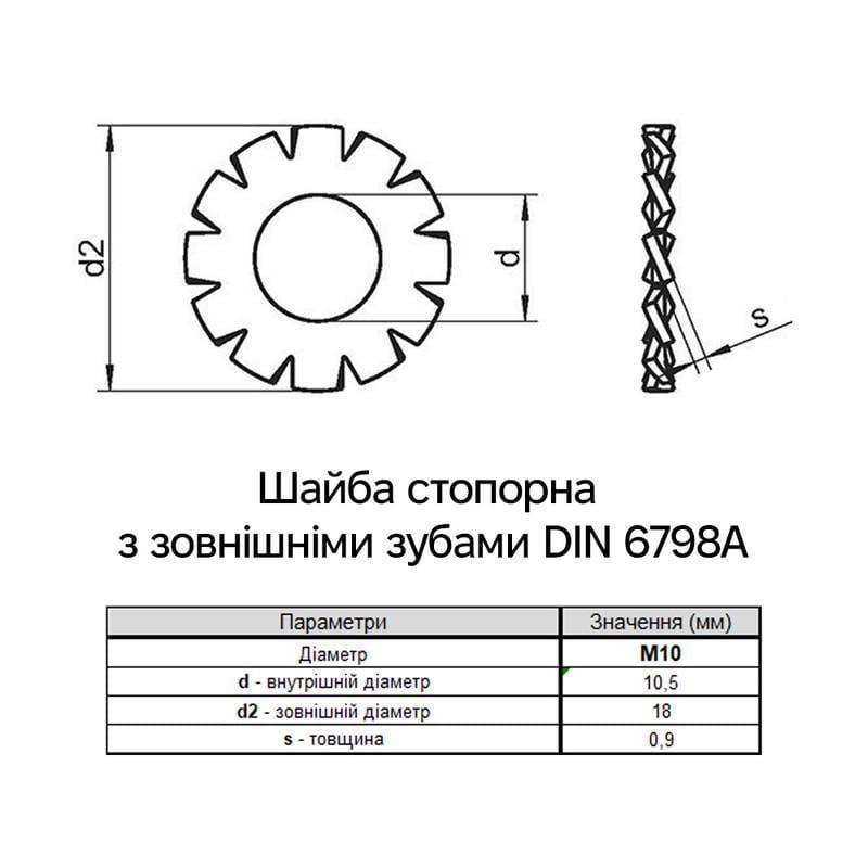 Шайба стопорная зубчатая Metalvis М10 DIN6798A ⌀ 18 мм 0,9 мм сталь/белый цинк 500 шт. (7V20000007V1020000) - фото 2