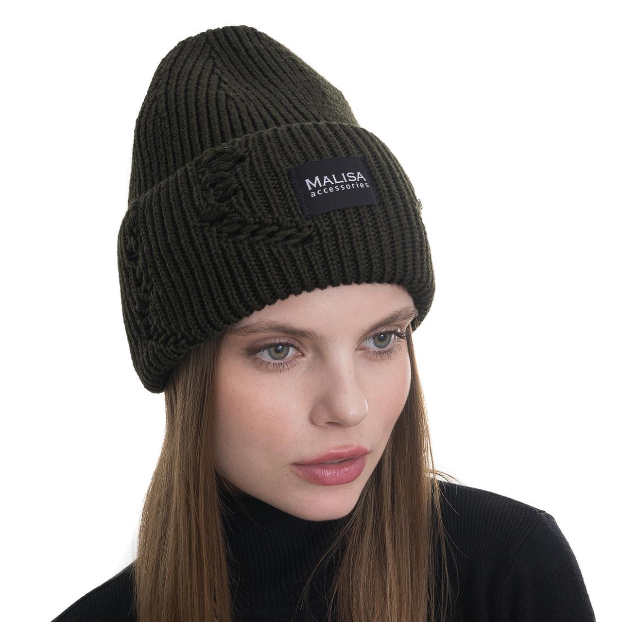 Шапка жіноча Malisa БРУНО без підкладки рвана з емблемою на відвороті one size Темний-хакі (254875) - фото 1