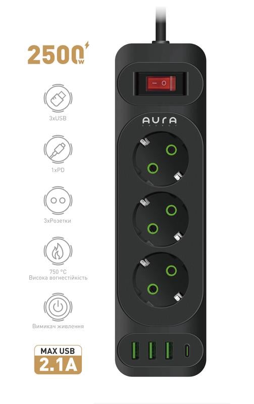 Фильтр-удлинитель сетевой Aura Energy 3/3 USB-A/USB-C/PD 2 м Black - фото 2