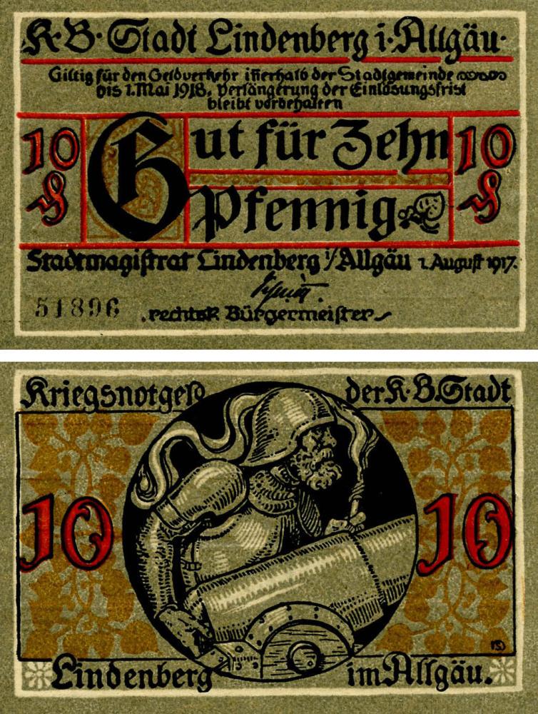 Коллекционная банкнота Германия Нотгельд 10 пфеннигов 1917 F-VF Линденберг-им-Альгой (Б18497)