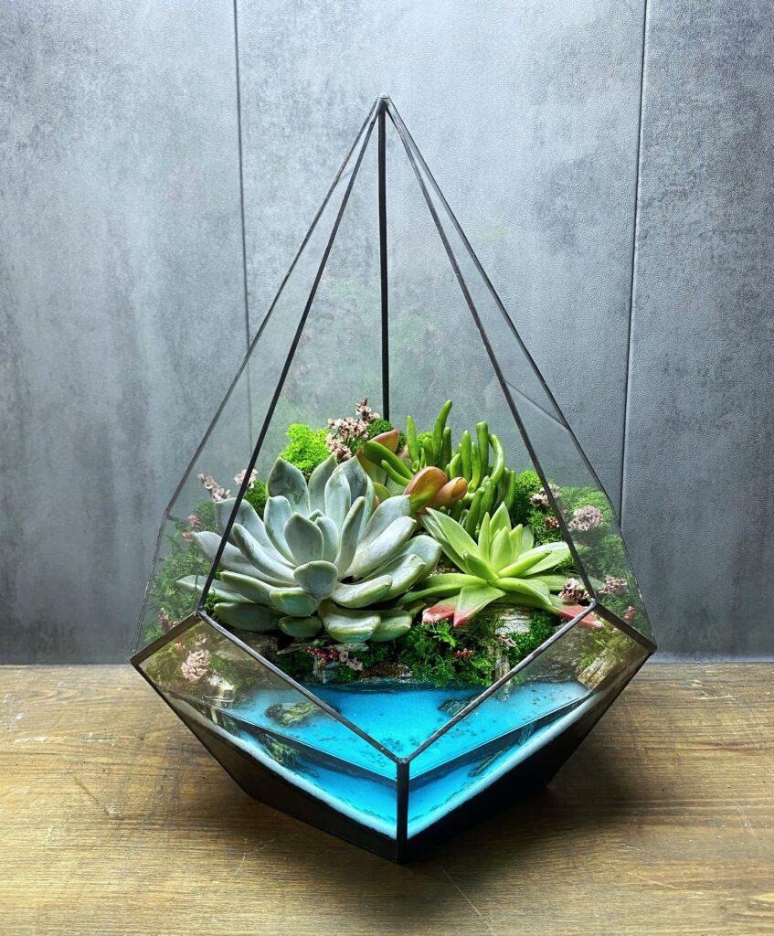 Флорариум с суккулентами и имитацией водоема Тропический рай 33 см