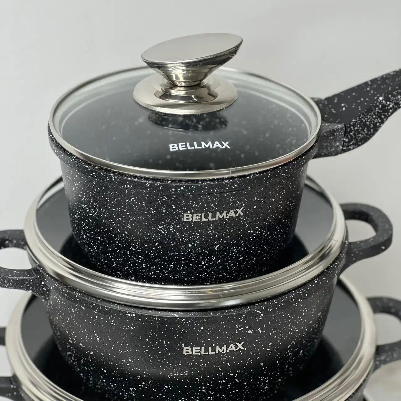 Набір посуду BellMax BM-305 Каструлі/сковорода/сотейник з кришками та гранітним антипригарним покриттям 10 пр. Чорний (opt-105022) - фото 5 Набір посуду BellMax BM-305 Каструлі/сковорода/сотейник з кришками та гранітним антипригарним покриттям 10 пр. Чорний (opt-105022) - фото 5