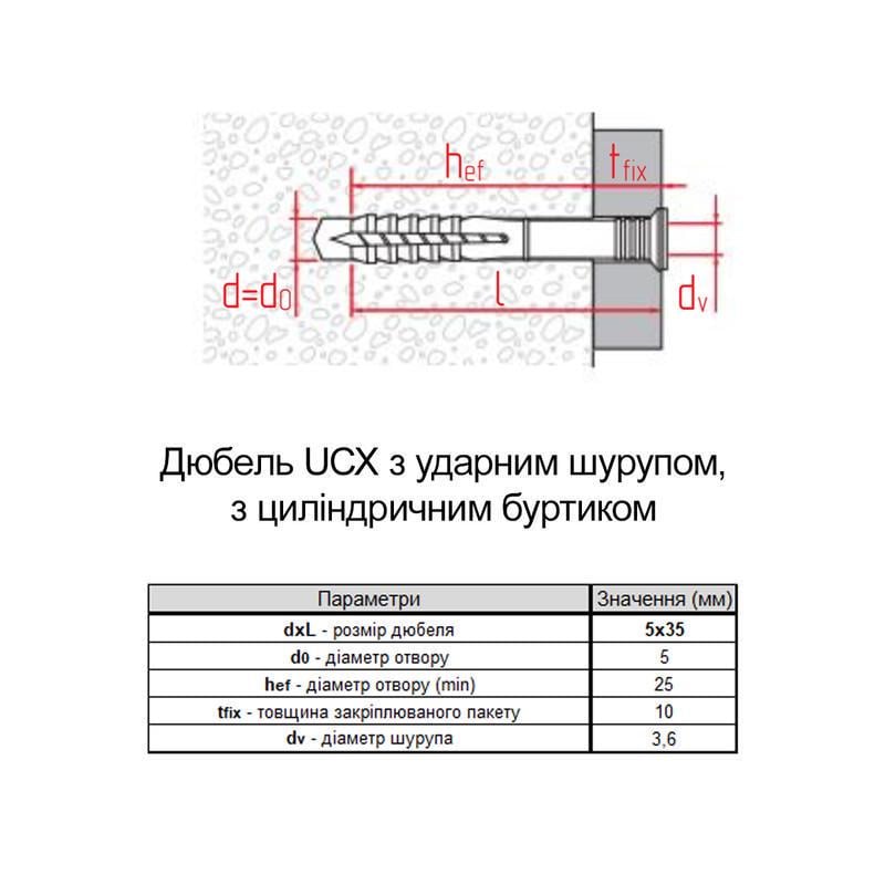 Дюбель Metalvis UCX 5х35 притиск 10 мм нейлон з буртиком та ударним шурупом цинк 100 шт. (92U10000092U150350) - фото 2