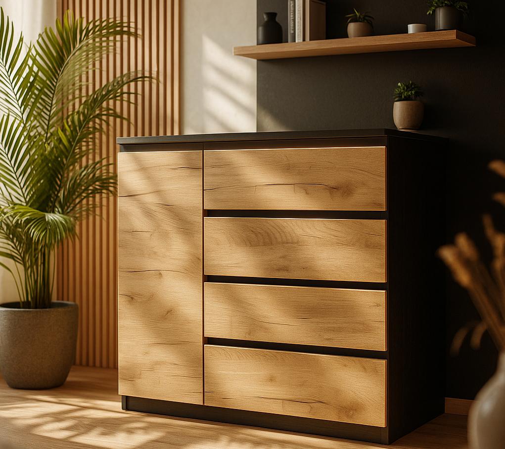 Комод Мастер Форм Брайт ДСП 4/1 телескопічні напрямні лівосторонній 1000х376х950 мм Венге/Золотий крафт Комод Мастер Форм Брайт ДСП 4/1 телескопічні напрямні лівосторонній 1000х376х950 мм Венге/Золотий крафт