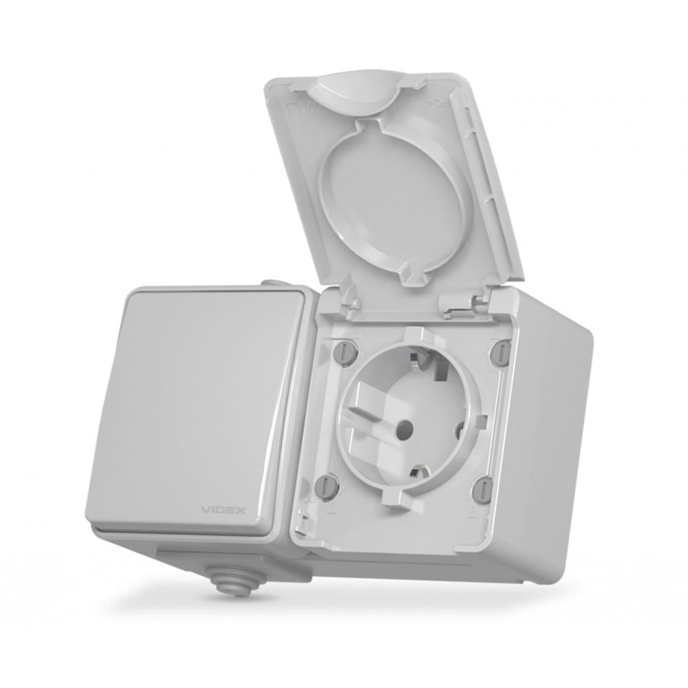 Вимикач вологозахищений Videx Binera VF-BNW3-G з розеткою із заземленням зовнішній 1 гніздо IP65 Сірий (25187)