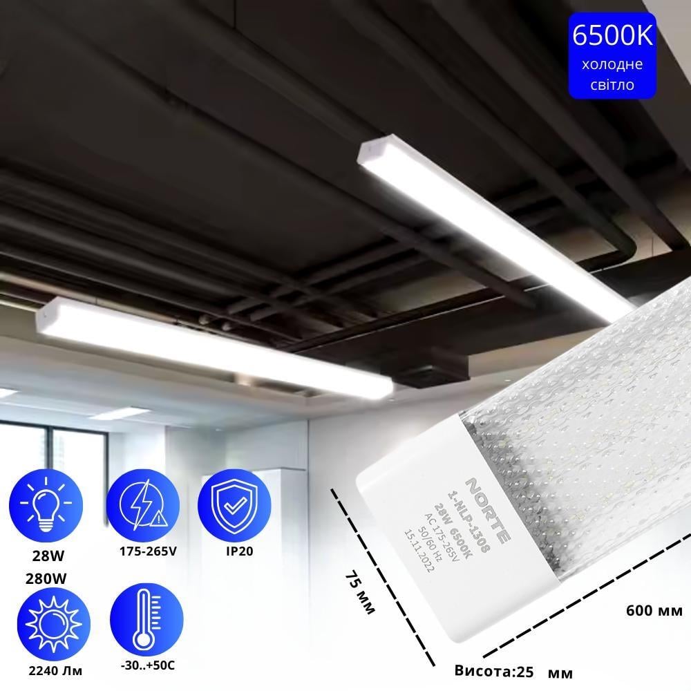 Лінійний світильник NORTE 28W 600 мм 6500К ІР20 (1308-NLP-1) - фото 2