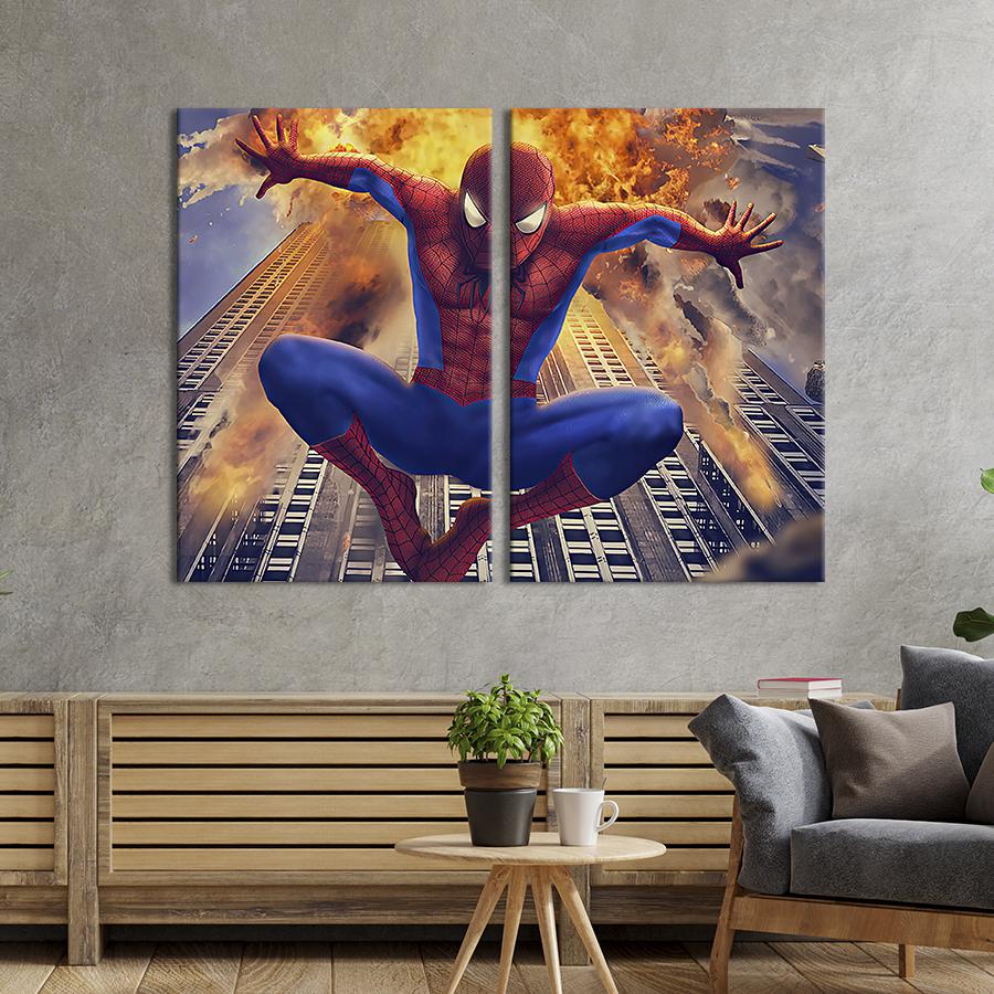 Настенный декор диптих картина на холсте для интерьера Человек-паук и взрывающееся здание 165x122 см (744-2)