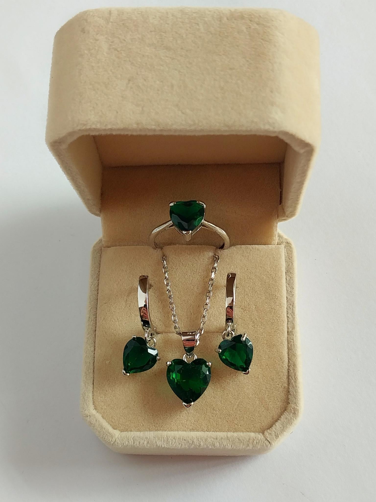 Набір прикрас Xuping Jewelry Смарагдове Серце з зеленими цирконами у сріблі в оксамитовій коробочці (16150)