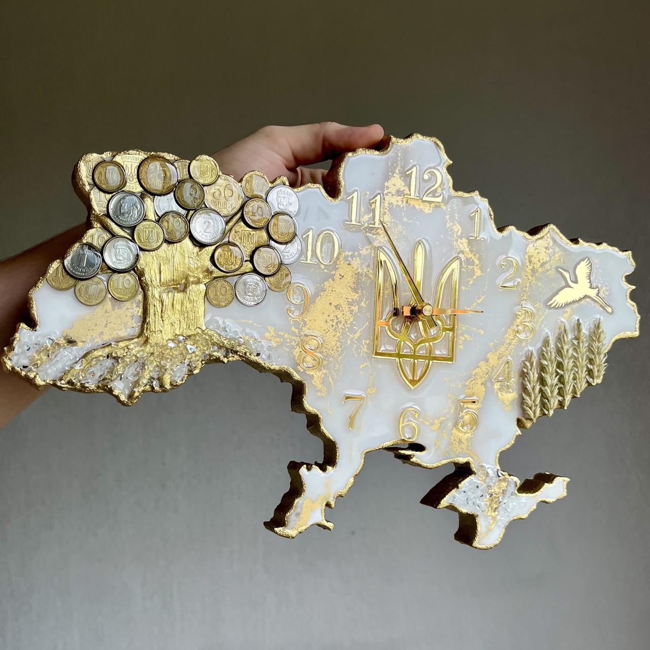 Часы настенные из эпоксидной смолы Карта Украины с денежным деревом 110х71 см
