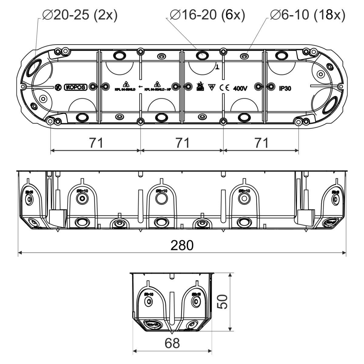 Коробка приладова Копос в пустотілу стіну 4-х кратна KPL 64-50/3LD NA підрозетник в гіпс 68-50 мм - фото 2