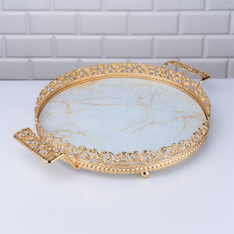 Піднос металевий ручної роботи з дзеркальною основою 30 см Золотий (18A)