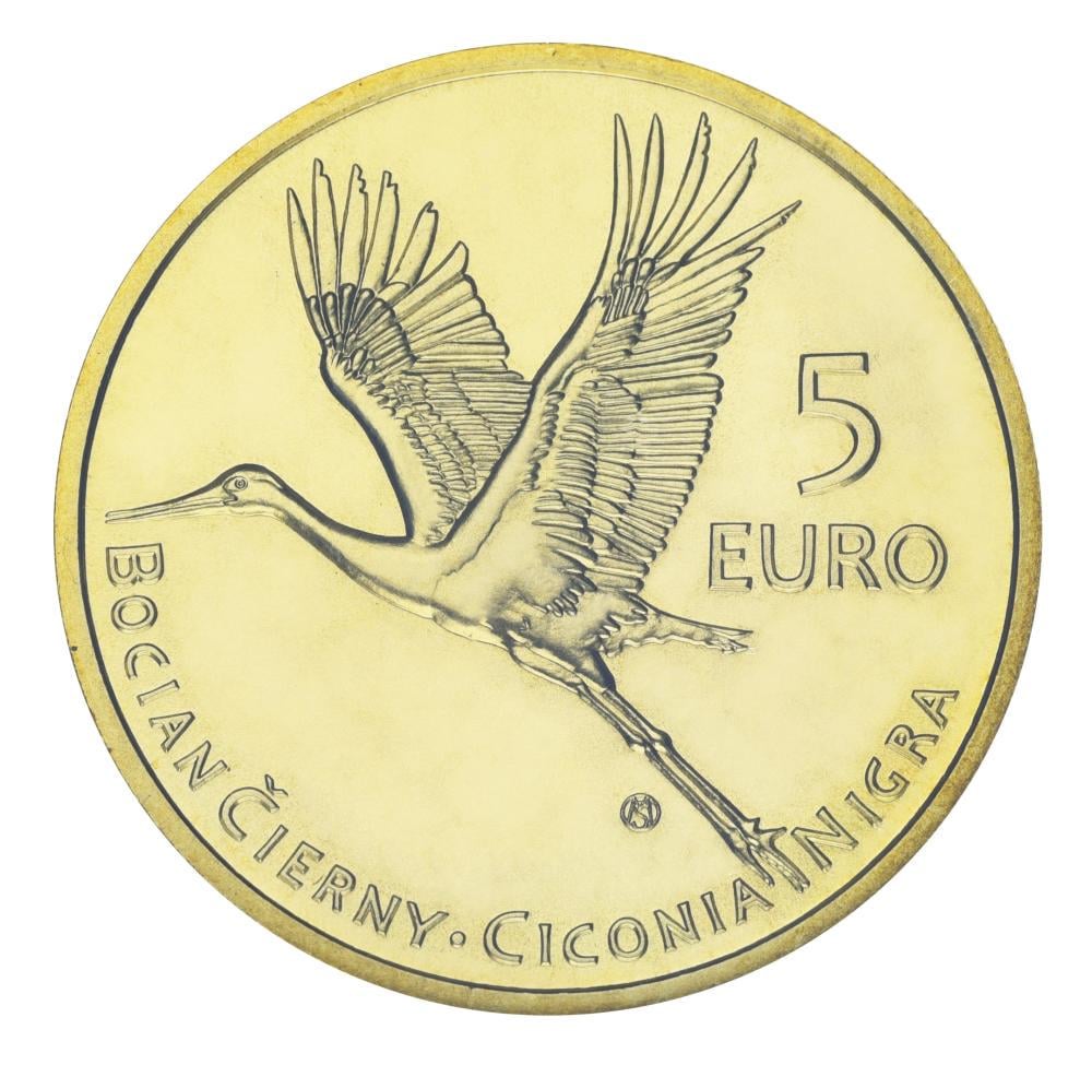 Коллекционная монета Словакия 5 евро 2023 UNC Флора и фауна Словакии-Черный аист (М25361)