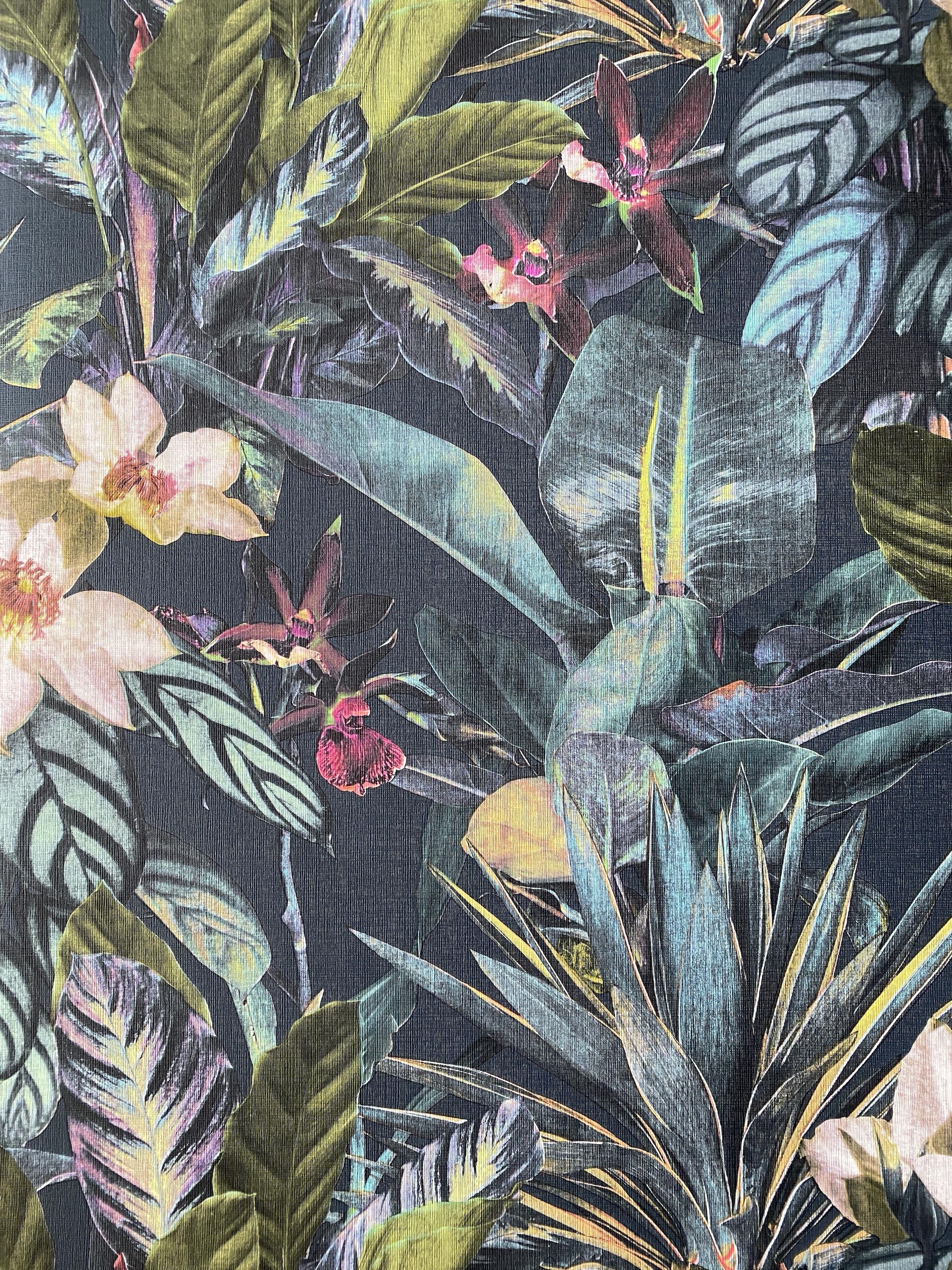 Обои виниловые на флизелиновой основе Grandeco Opportunity Wallcoverings Q0164 Листья Синий