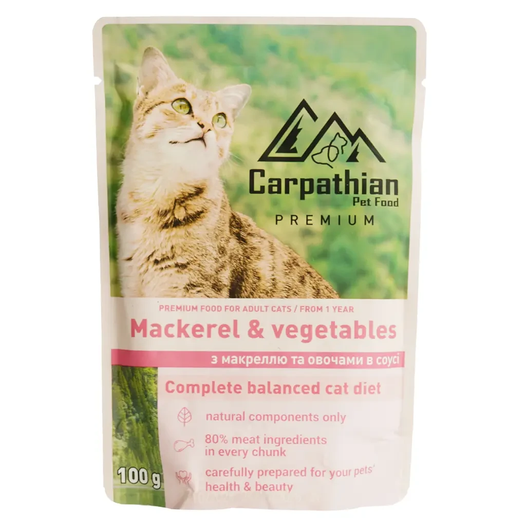 Корм для кошек влажный Carpathian Pet Food с макрелью и овощами в соусе 100 г (арт.АК0022)