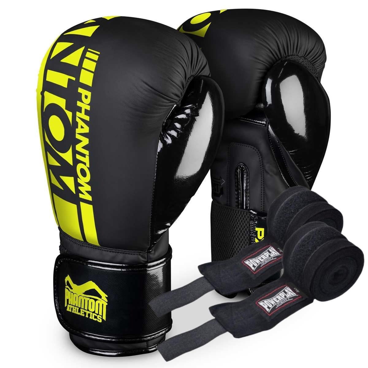 Боксерские перчатки Phantom APEX Elastic Neon 14 унций бинты 4 м в комплекте Black/Yellow (3019802388)