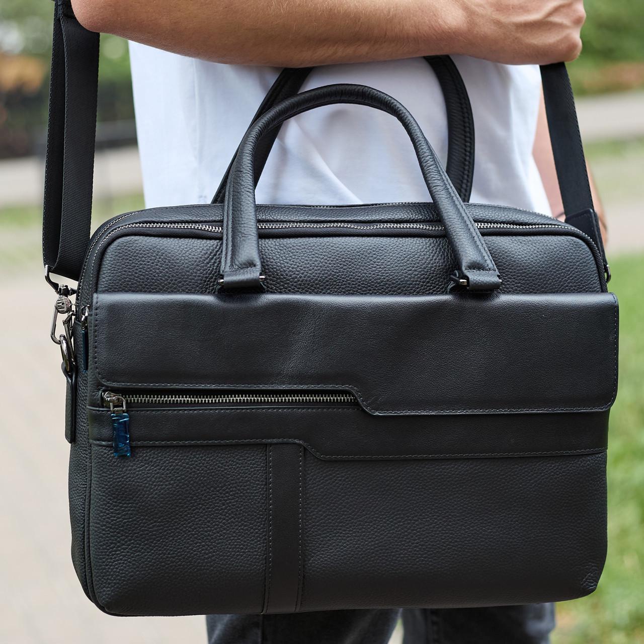 Сумка-портфель для ноутбука мужская Tiding Bag кожаная 39х29х10 см Черный (BR-306)