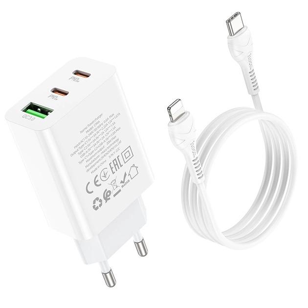 Устройство сетевое зарядное Hoco C99A PD20W QC3.0 1 USB/2Type-C/3A с кабелем для зарядки Type-C/Lightning Белый - фото 3