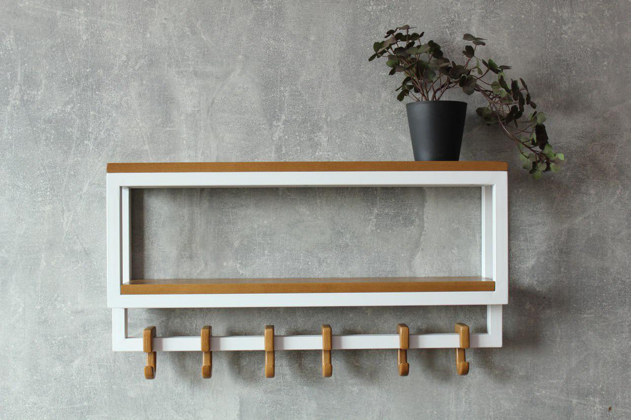 Полочка-вешалка в прихожую из дерева и металла с 6 деревянными крючками MDA 60х10х28,5 см (ML-15.3.2)