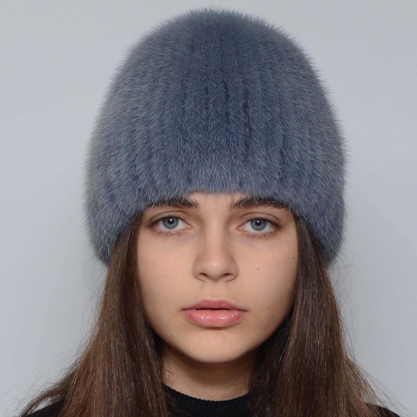 Зимова шапка із в'язаної норки Хутряний стиль Кулька натуральне хутро XL-XXL Джинс (103/E)