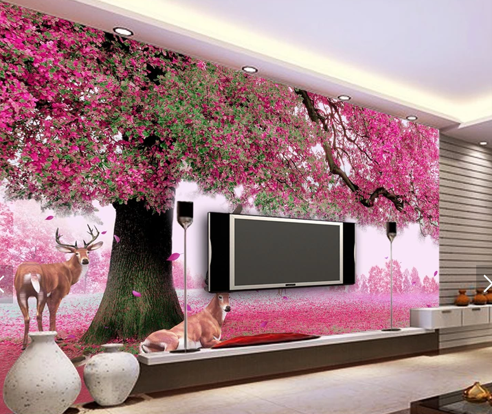 Фотообои флизелиновые для спальни/зала/кухни моющиеся Сакура и олени