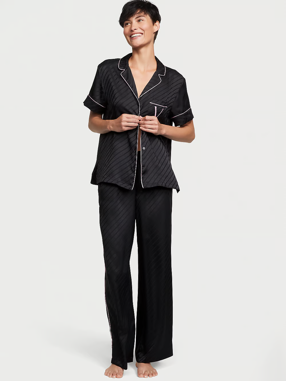 Піжама жіноча Victoria's Secret Satin Long Pajama Set сатинова M Чорний (26407539)