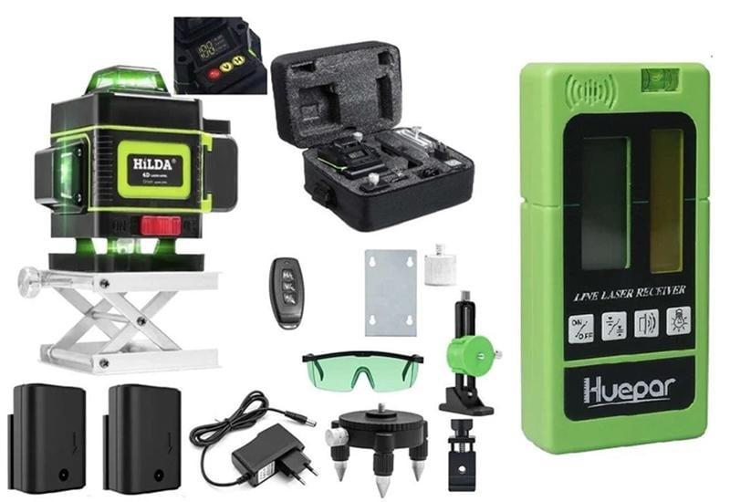 Лазерный уровень HILDA 4D 16 линий с индикатором заряда и приемником Huepar LR-5RG-GN Лазерный уровень HILDA 4D 16 линий с индикатором заряда и приемником Huepar LR-5RG-GN