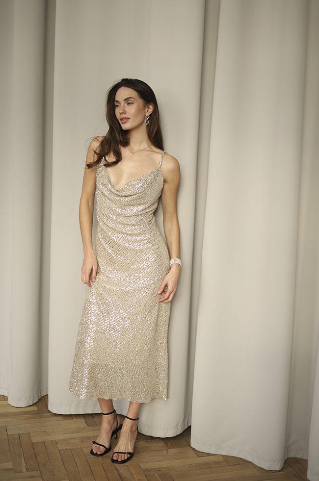 Платье Lipar 3717 комбинация миди в пайетку р. 46 Кремовое (16897345)