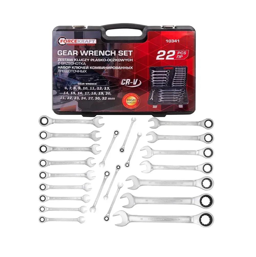 Набор комбинированных ключей с трещоткой FORCEKRAFT FK-10341 22 пр. в кейсе 6-32 мм (FK-10341) Набор комбинированных ключей с трещоткой FORCEKRAFT FK-10341 22 пр. в кейсе 6-32 мм (FK-10341)
