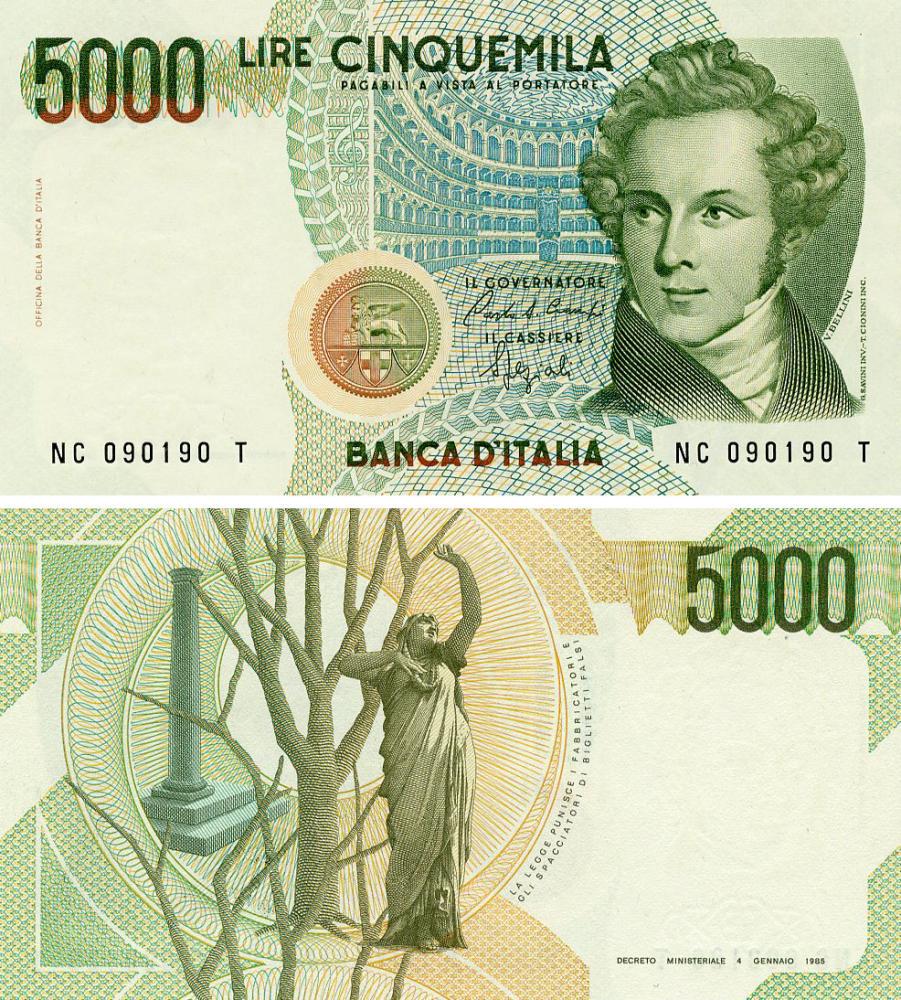 Коллекционная банкнота Италия 5000 лир 1985 UNC Signature Ciampi & Speziali (P111b)