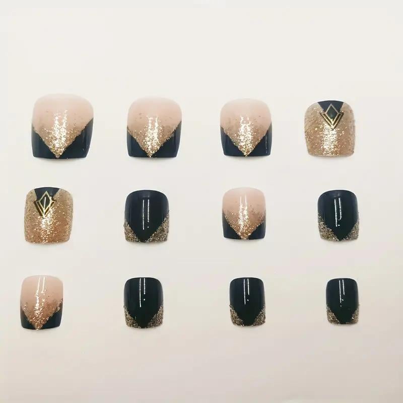 Накладні нігті геометричний дизайн з клейовими пластинами набір 24 шт. Чорний із золотистим (2743174642) - фото 6 Накладні нігті геометричний дизайн з клейовими пластинами набір 24 шт. Чорний із золотистим (2743174642) - фото 6