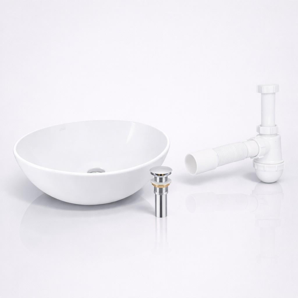 Готовый комплект для ванной Qtap Dove накладная овальная раковина 415х340 мм White и донный клапан PU02 и сифон