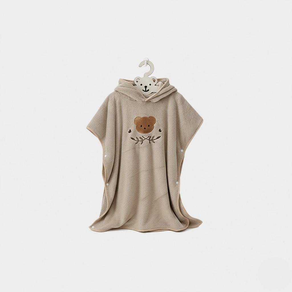 Полотенце детское с капюшоном и вышивкой мишки 60х120 см Бежевое