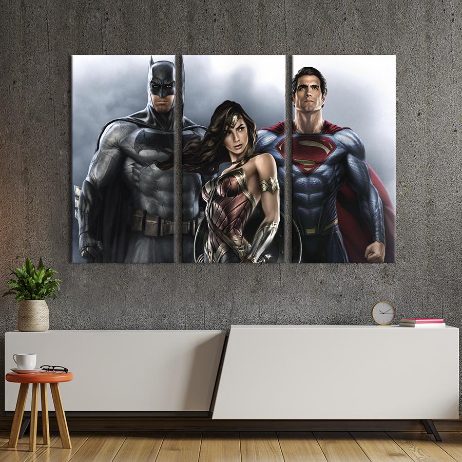 Модульная картина из 3 частей на холсте для интерьера Тройка DC: Чудо-женщина, Бэтмен, Супермен 128x81 см (765-31)