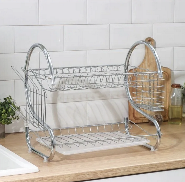 Сушилка-органайзер для посуды двухярусная настольная металлическая с двумя поддонами (Е500104)