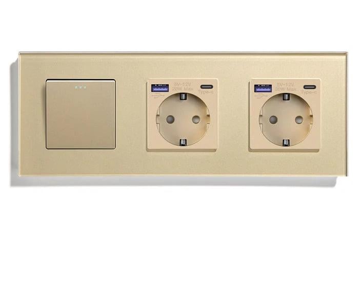 Переключатель перекрестный LUXION с двумя розетками USB A+C 20Вт с заземлением/защитными шторками стекло Золотой
