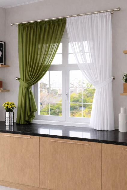 Комплект штор на кухню шифон 250х170 см Оливковый/Белый (501к 5)