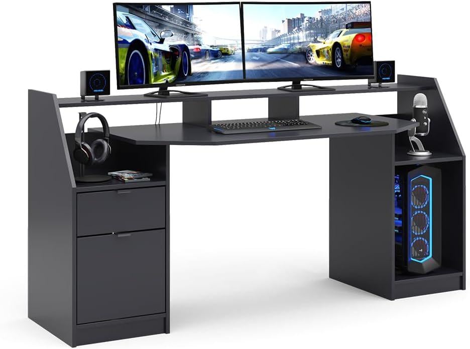 Компьютерный стол игровой с LED подсветкой/шкафчиком и выдвижным ящиком 180 см Черный (MS314)