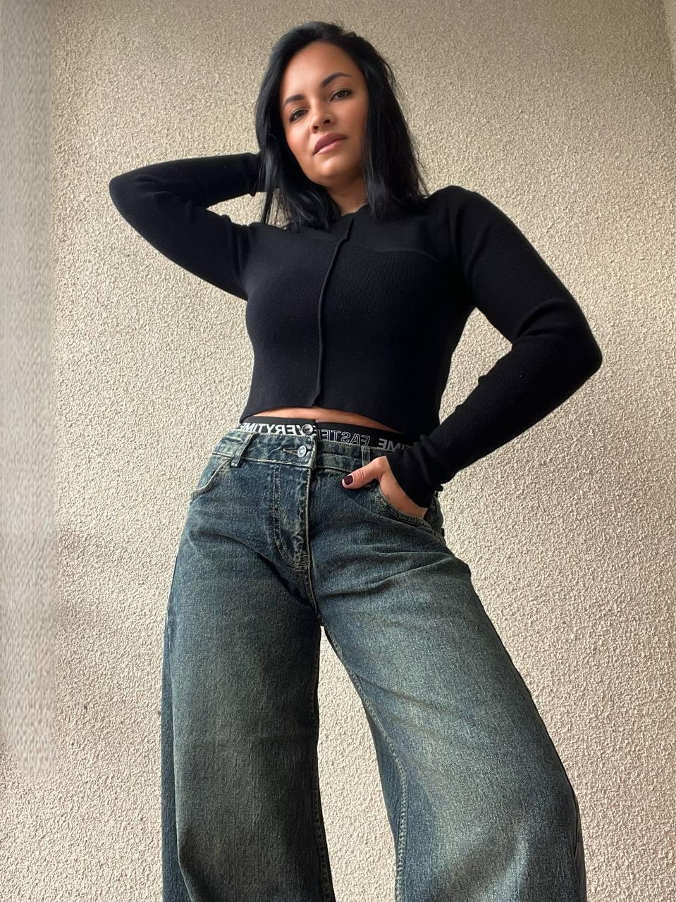 Джинсы женские I8 55526 Palazzo широкие резинка на талии с надписью палаццо косой шов р. 38 Синий с зеленым (2716) - фото 8 Джинсы женские I8 55526 Palazzo широкие резинка на талии с надписью палаццо косой шов р. 38 Синий с зеленым (2716) - фото 8