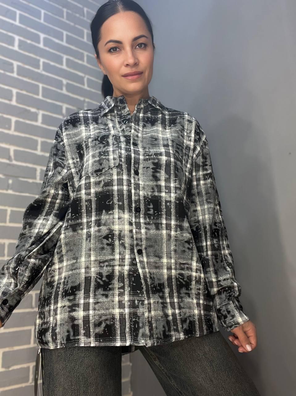 Рубашка женская A-N 2775 клетчатая вареная в клетку оверсайз коттон OS Черный (2905)