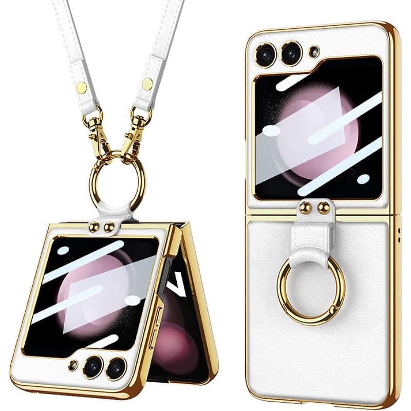 Противоударный кожаный чехол GKK with ring and strap для Samsung Galaxy Z Flip5 White
