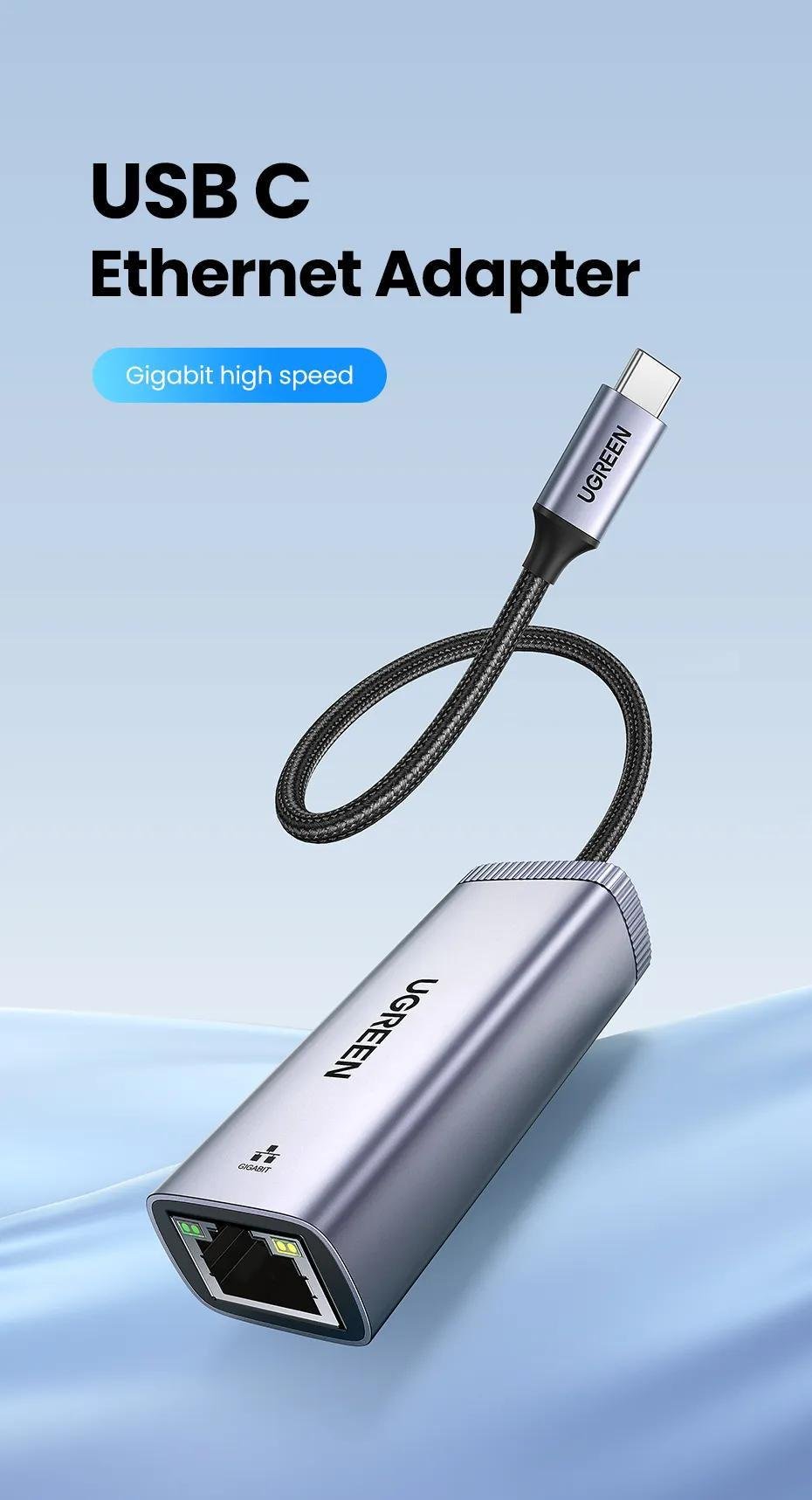 Мережева карта UGREEN Type-C-Ethernet 1 Гбіт/с LAN USB 3.1 Gen 1-RJ45 1000 Мбіт/с металевий Сірий (40322) - фото 2